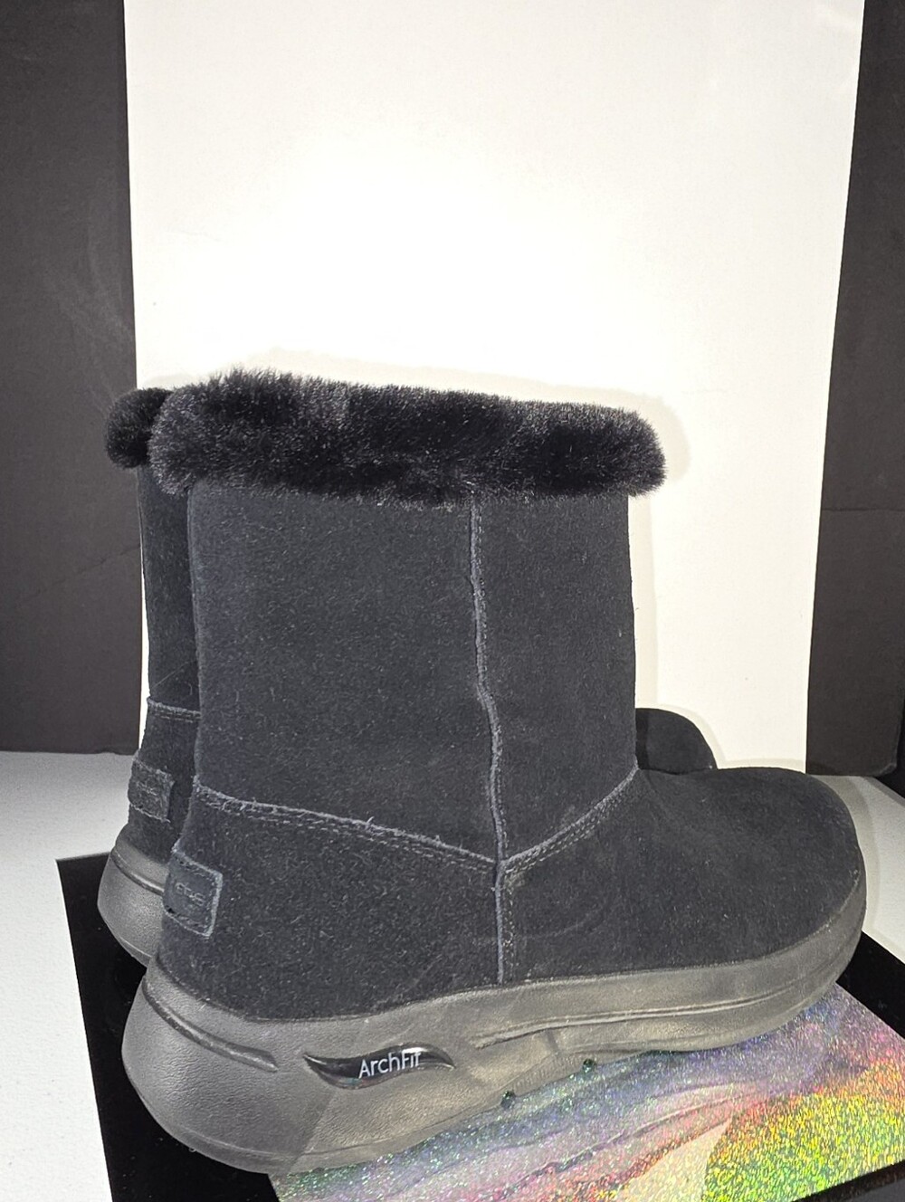 Skechers Black Faux-Suede Fur Cuff ArchFit Ankle Boots